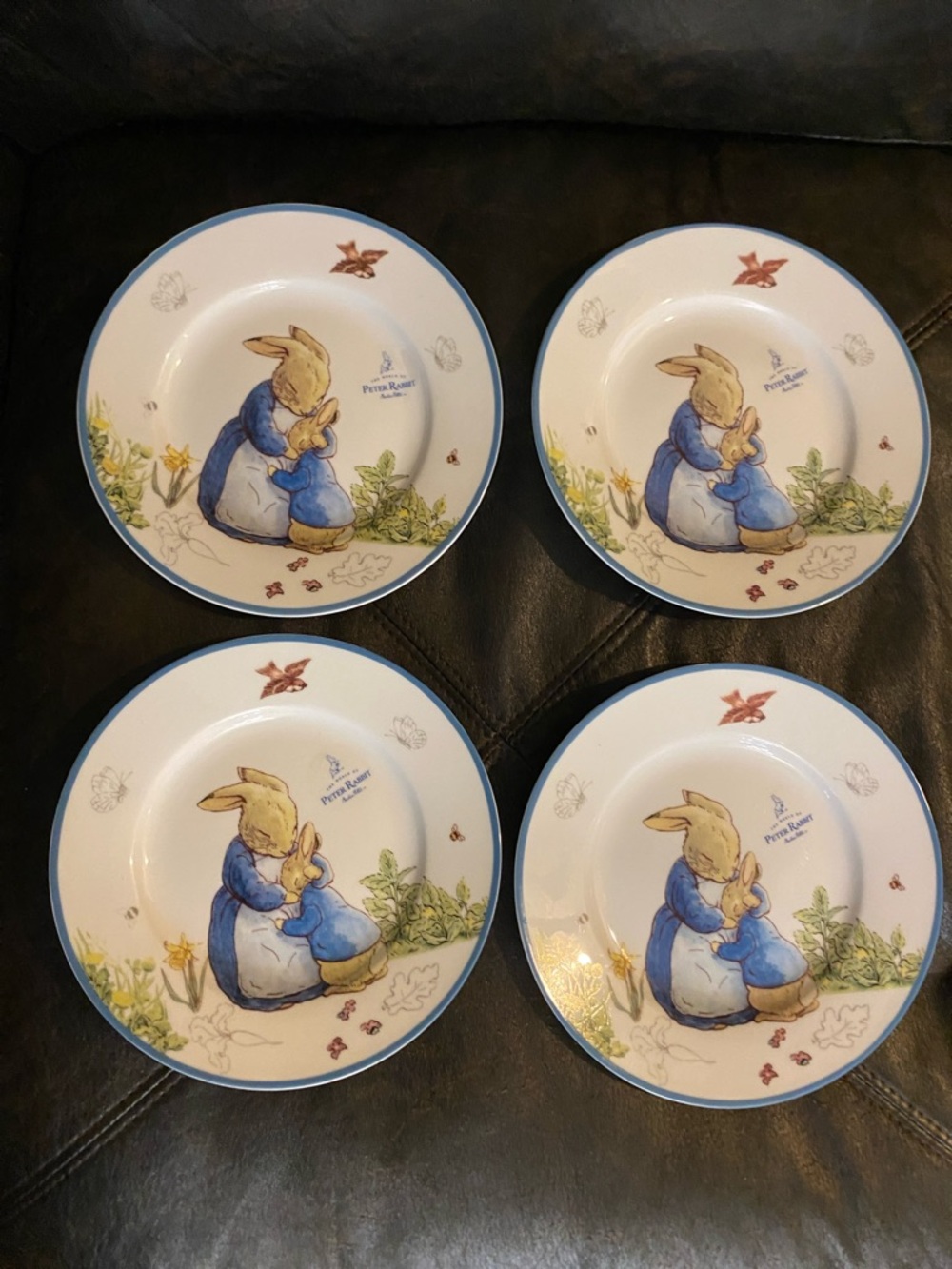 Set of 4 Beatrix Potter Peter Rabbit & Mom  Blue Rim Salad Plates New